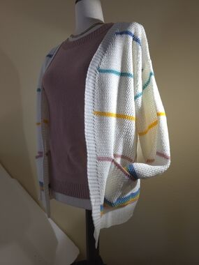 Open Knit Cardigan with Multicolor Stripe Detailing